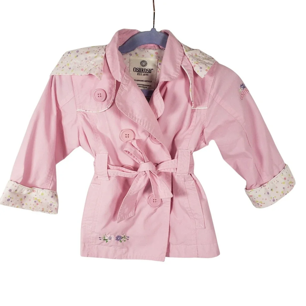 Vintage OshKosh Baby Girls Pink Trench Coat Floral‎ Embroidered Jacket 18 mths
